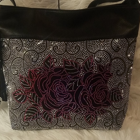 FLORAL DESIGN RHINESTONE HOBO BAG - Picture 3 of 11